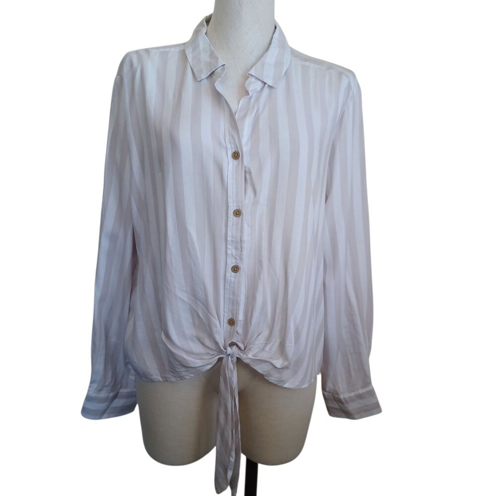 Beach Lunch Lounge Womens Striped Tie Front Button Down Shirt White Beige XL NEW